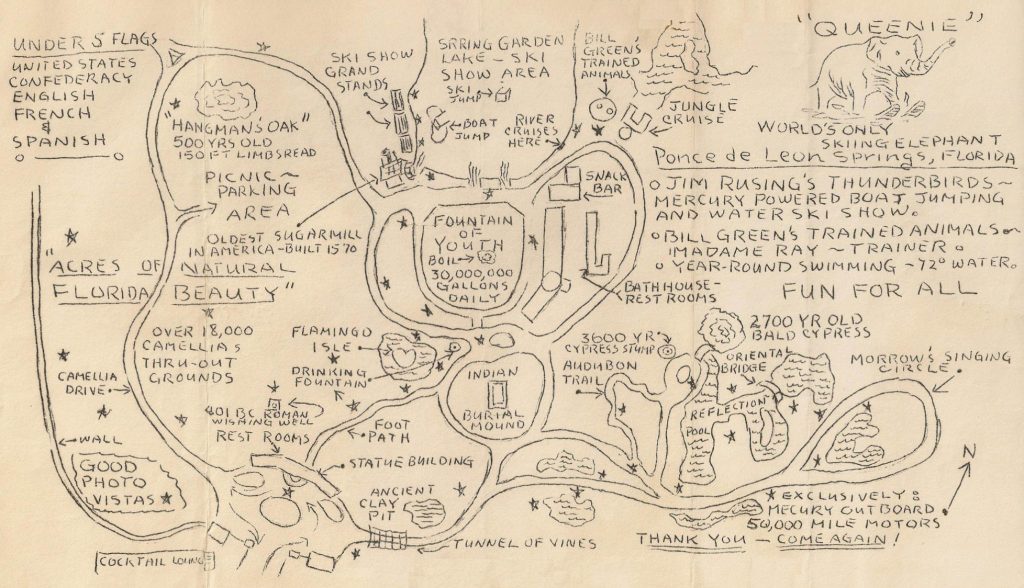 <p><p><strong>DELEON'S COLORFUL PAST </strong>— This map shows DeLeon Springs when the park was a privately owned roadside attraction with a "fountain of youth" (center), which, of course, is what we know as the springs swimming area. Park Ranger James Stone said that fizzled out in the 1960s, with the growing popularity of Walt Disney World some 60 miles south. Some of the material from our story about Liz Dane and her elephant companion Queenie was taken from Dane's interview with Project Speak History, an initiative of the DeLeon Springs Community Association to preserve the springs' history through interviews with people who remember it. Dianne Hermanski, co-chair of Project Speak History, said the project has been mostly put on hold until the COVID-19 pandemic is under control. She invited anyone with memories of DeLeon Springs to call her at 386-985-5363.</p></p><p>PHOTO COURTESY LIZ DANE</p>