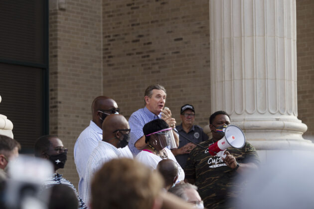 <p><p>Mayor Bob Apgar speaks at a protest June 2.</p></p><p>PHOTO COURTESY LISA RICKMAN</p>