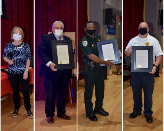 <p><p>DeBary Mayor Karen Chasez gave a proclamation to the following official representatives: DeBary City Manager Carmen Rosamonda, Volusia County Sheriff's Department Captain George Maddox, and Orange City Fire Chief Ronnie Long.</p></p><p>PHOTO COURTESY GATEWAY CENTER FOR THE ARTS</p>