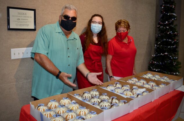 <p><p><strong>COOL CAKES </strong>— From left, Richie Coloni from Synergy Wealth Alliance, Brooke Ferrara and Mary Kay Coloni serve cakes from Nothing Bundt Cakes, a bakery with locations in Lake Mary and Orlando. The cakes were individually wrapped to allow for first responders to quickly take one and get back to work, as well as to aid with hygiene.</p></p><p>PHOTO COURTESY GATEWAY CENTER FOR THE ARTS</p>